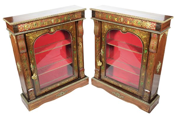 Pair of French showcases in walnut, bronze and red tortoise