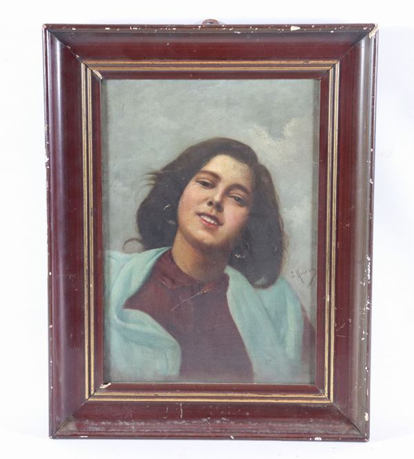 Salvatore Maresca (attivo a Napoli tra il XIX e il XX Secolo) - &quot;Face of smiling girl&quot;. Signed, small oil painting on canvas