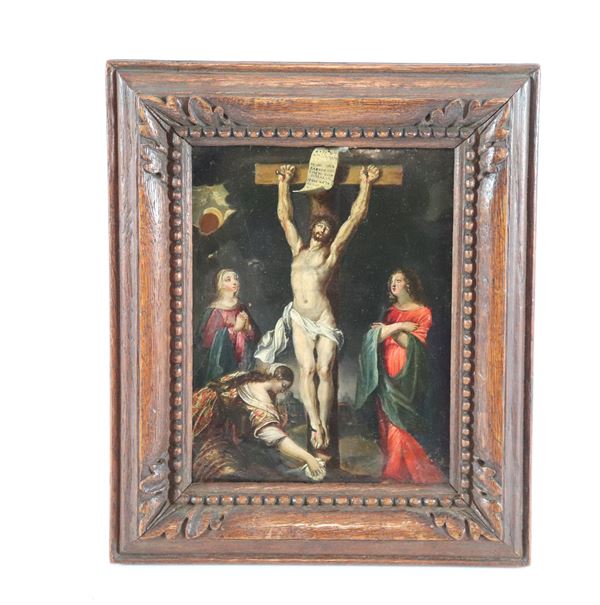 Girolamo Pesci : Follower of. &quot;The Crucifixion&quot; small oil painting on copper  - Auction Antiquariato proveniente da Palazzetto Nobiliare nelle Marche - Gelardini Aste Casa d'Aste Roma