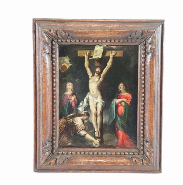 Girolamo Pesci - Seguace di. &quot;La Crocefissione&quot; piccolo dipinto ad olio su rame