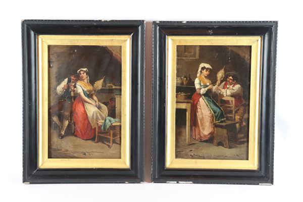 Francesco Peluso - &quot;Courtship to the spinner&quot;. Signed, pair of small oil paintings on canvas