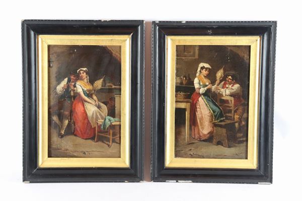 Francesco Peluso - &quot;Il corteggiamento alla filatrice&quot;. Firmati, coppia di piccoli dipinti ad olio su tela
