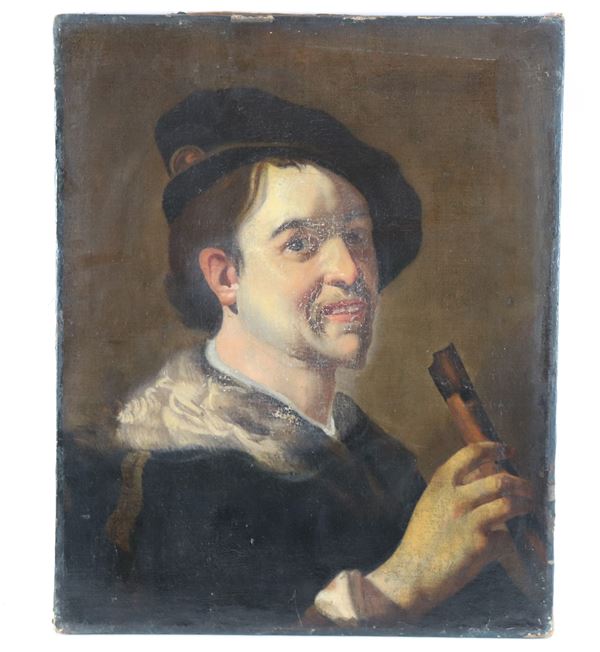 Pittore Post - caravaggesco Fine del XVII Secolo - "Suonatore di flauto" dipinto ad olio su tela