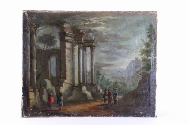 Pittore Veneto Inizio XVIII Secolo - &quot;Architetture con viandanti e cavalieri&quot; dipinto ad olio su tela