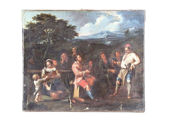 Pittore Bambocciante Fine XVII Secolo - &quot;Paesaggio con il ristoro dei contadini&quot; dipinto ad olio su tela