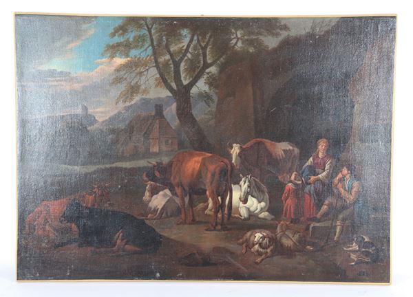 Pieter Van Bloemen - Bottega di. &quot;Paesaggio con pastori e armenti&quot; dipinto ad olio su tela