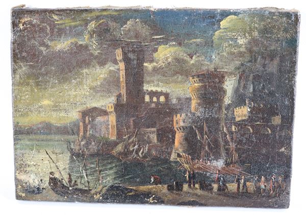 Andrea Torresani - Seguace di. &quot;Veduta di castello con porto e personaggi&quot; piccolo dipinto ad olio su tela