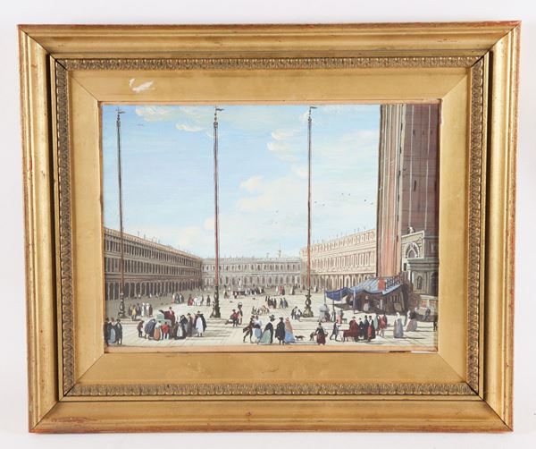 Pittore Italiano Primo Quarto del XIX Secolo - &quot;Veduta di Piazza San Marco a Venezia&quot; piccolo acquarello su carta applicata a tela