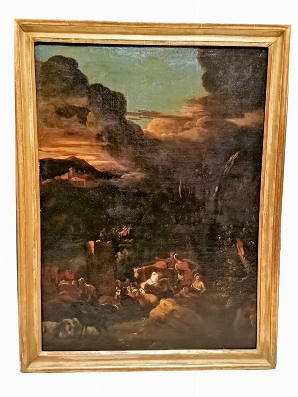 Scuola Italiana Fine XVII Secolo - &quot;Paesaggio con pastori, armenti e cavalieri&quot; dipinto ad olio su tela