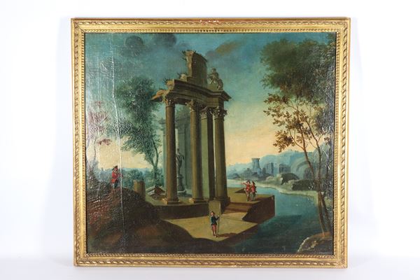 Scuola Veneta Inizio XIX Secolo - &quot;Paesaggio con rudere di tempio e personaggi&quot; dipinto ad olio su tela