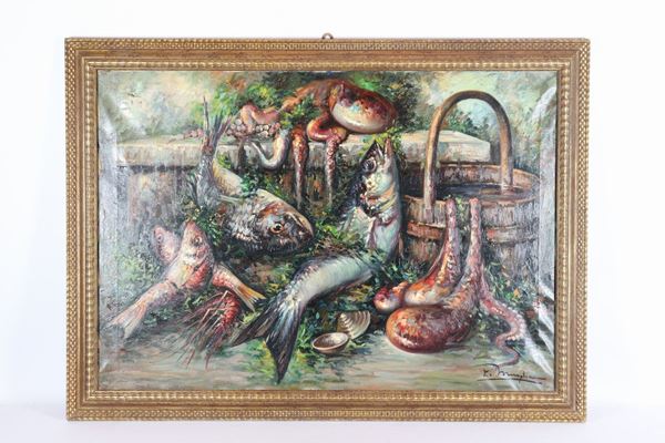 Ermogene Miraglia - &quot;Natura morta di pesci, molluschi e crostacei&quot;. Firmato, dipinto ad olio su tela