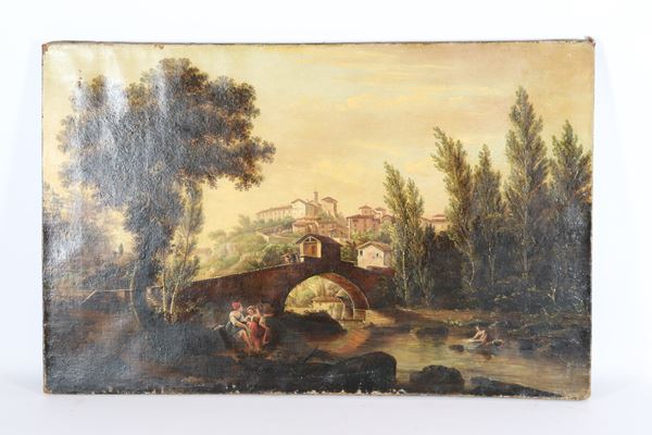 Giuseppe Gherardi - &quot;Ponte di Pelago a Vallombrosa in Toscana&quot;. Iscritto e datato 1853 sul retro della tela, dipinto ad olio su tela