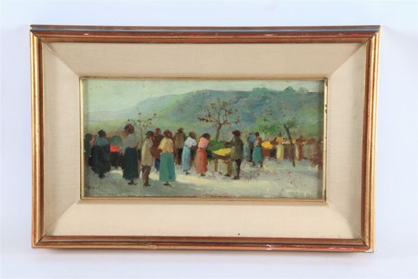 Cesare Ciani - &quot;The market&quot;. Signed, small oil painting on tablet