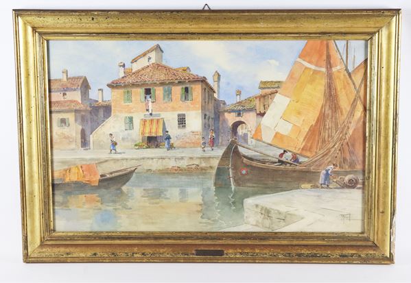 Filippo Anivitti - &quot;Scorcio di Venezia con canale e barche&quot;. Firmato, acquarello su carta