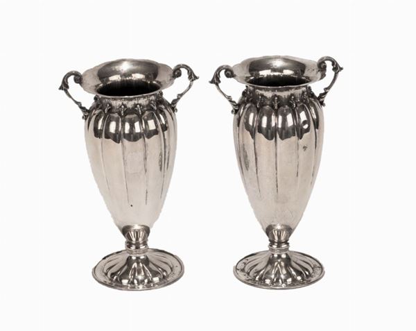 Pair of small silver amphorae