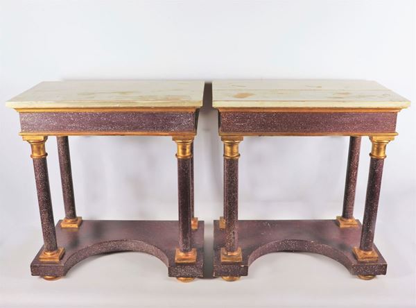 Pair of Empire line console bedside tables lacquered with imitation porphyry marble