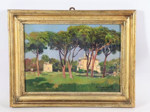 Carlo Montani - &quot;Veduta di Castel Fusano con villa e pineta&quot;. Firmato e datato 1935, dipinto ad olio su compensato