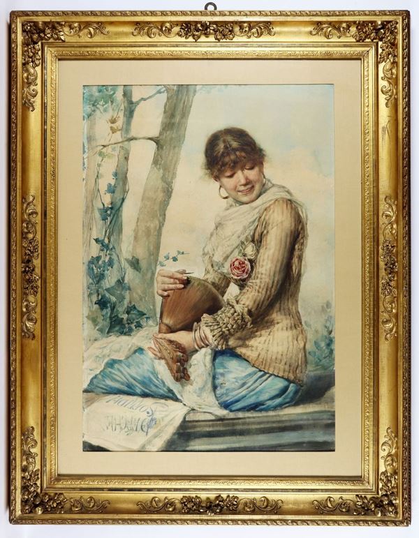Pittore Veneto XIX Secolo - &quot;Smiling girl with mandolin&quot; large watercolor on paper