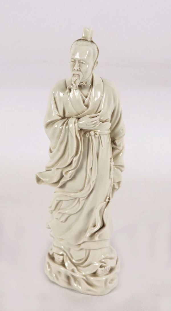 Piccola scultura cinese "Saggio" in porcellana bianca 