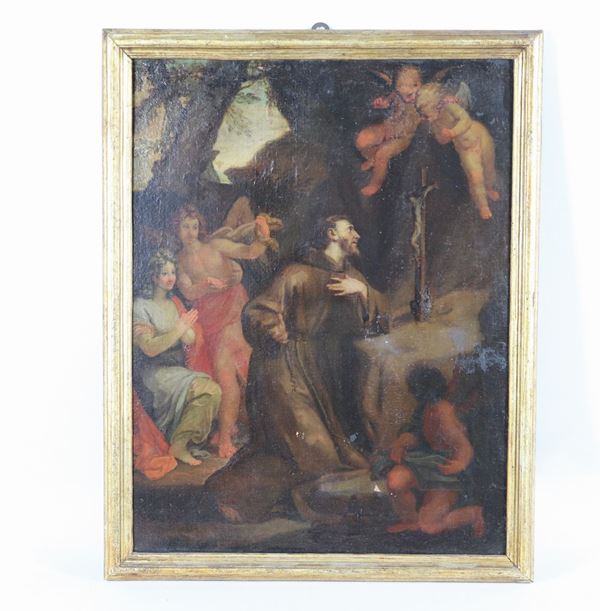 Scuola Italiana XVIII Secolo - &quot;L&#39; estasi di San Francesco&quot; dipinto ad olio su tela