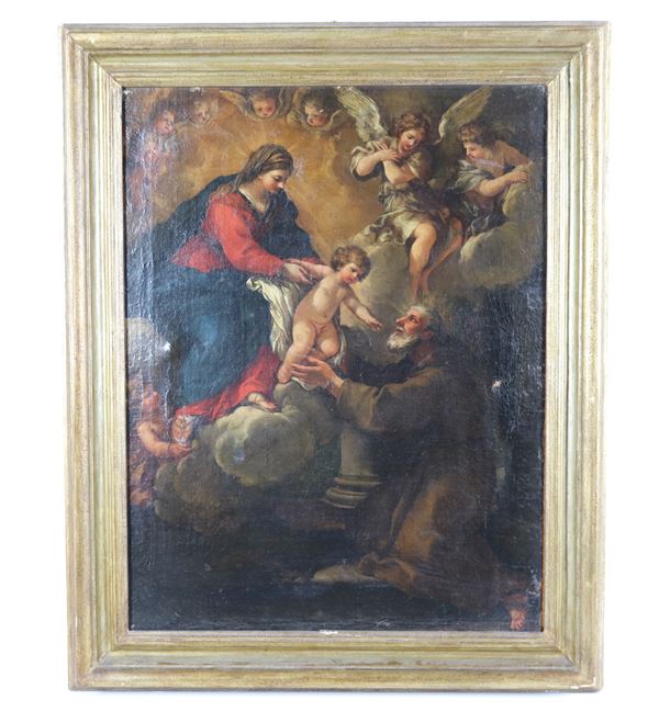Scuola Italia centrale Fine XVII Secolo - &quot;Madonna with Child Jesus and Saint Felix of Cantalice&quot; oil painting on canvas