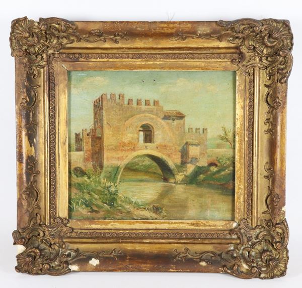Pittore Romano XIX Secolo - &quot;Ponte Nomentano con l&#39;Aniene&quot; piccolo dipinto ad olio su tavoletta