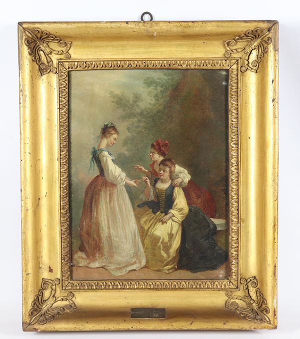 Pittore Francese Fine XVIII Secolo - &quot;Damigelle in conversazione&quot; piccolo dipinto ad olio su tela