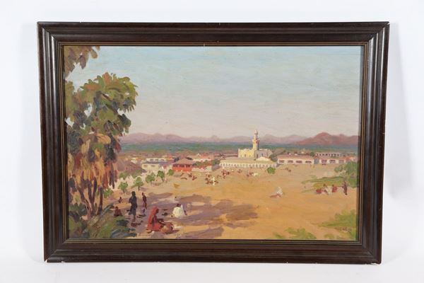 Laurenzio Laurenzi - &quot;View of the city Agordat with the market&quot;. Signed, oil painting on plywood