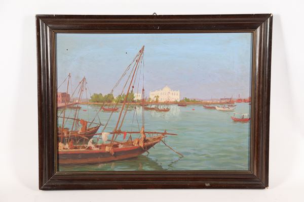 Laurenzio Laurenzi - &quot;Veduta del porto di Massaua in Eritrea&quot;. Firmato, dipinto ad olio su compensato