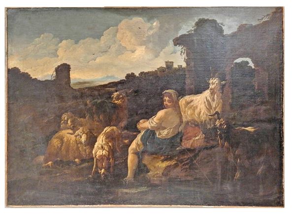 Philip Peter Roos detto Rosa da Tivoli - &quot;Shepherdess with herd of sheep, goats and Roman ruins&quot;. Att.to, oil painting on canvas