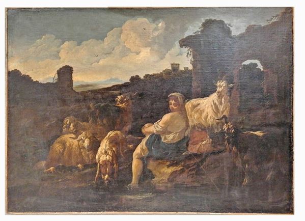 Philip Peter Roos detto Rosa da Tivoli - &quot;Pastorella con gregge di pecore, caprette e ruderi romani&quot;. Att.to, dipinto ad olio su tela