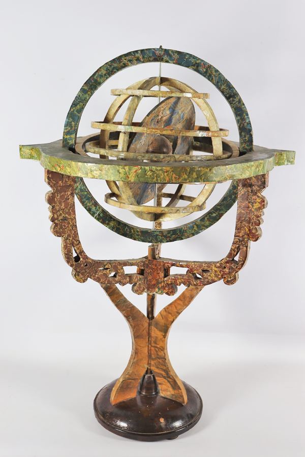 Armillary sphere supported by structure and base lacquered in faux marble