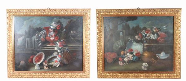 Scuola Italia Centrale Seconda Met&#224; del XVIII Secolo - &quot;Nature morte di fiori, frutta e vasellame&quot;, coppia di dipinti ad olio su tela