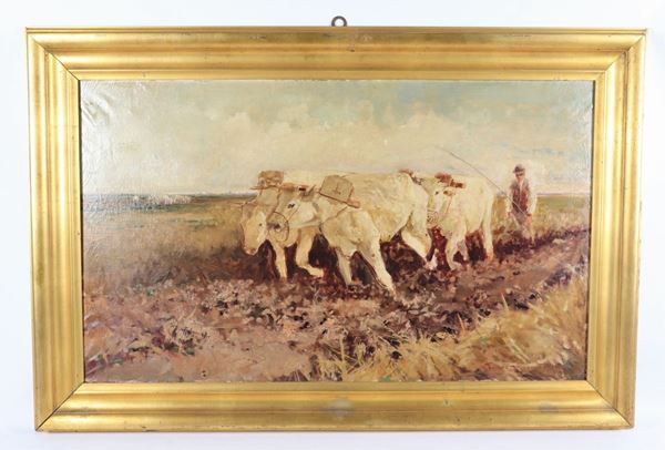 Guido Antonio Mantovani - &quot;Contadino che ara il campo di grano&quot;. Firmato, dipinto ad olio su tela