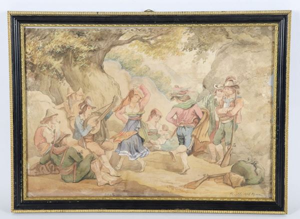 Scuola Romana XIX Secolo - &quot;La sosta dei briganti con il saltarello&quot; piccolo acquarello su carta