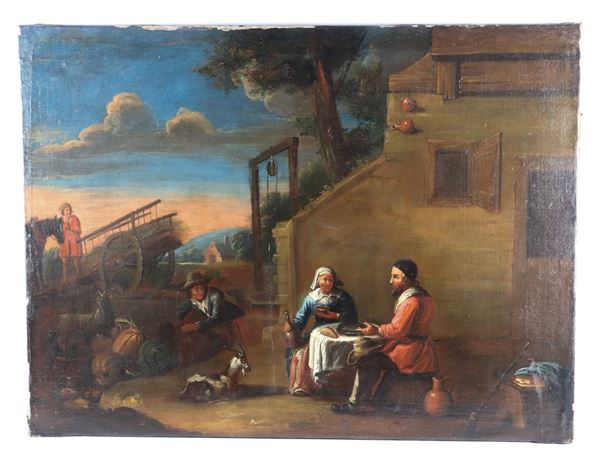 Pittore Fiammingo Fine XVII Secolo - &quot;Sosta dei contadini fuori la locanda&quot; dipinto ad olio su tela