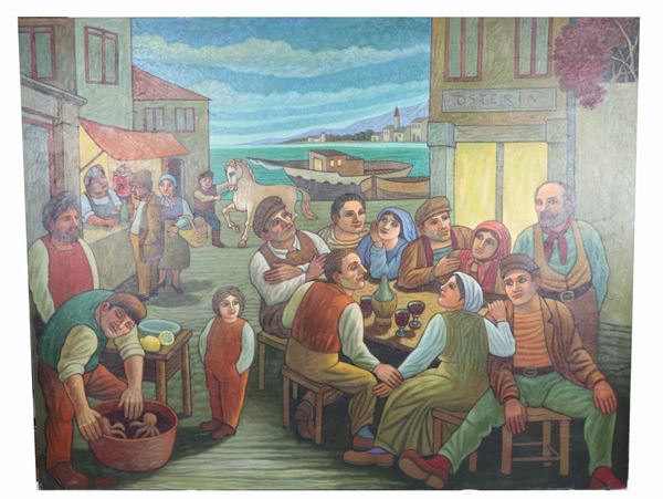Renato Fiorillo - &quot;Table at the port&quot;. Signed, large oil painting on canvas