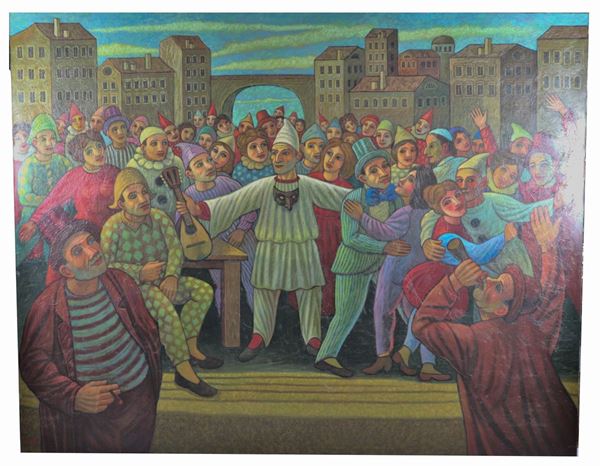 Renato Fiorillo -  &quot;Pulcinella, party evening&quot;. Signed, large oil painting on canvas