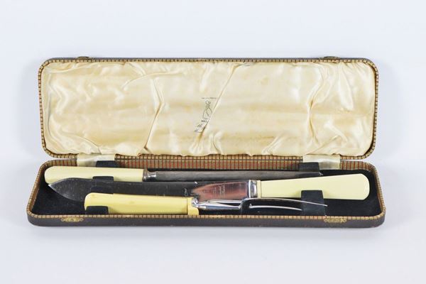 Antique sheffield set of three English roast cutlery with bone handles