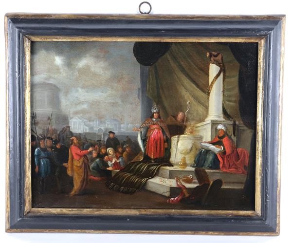 Scuola Fiamminga XVII Secolo - &quot;Adorazione del Vitello d&#39;oro&quot; dipinto ad olio su tavola