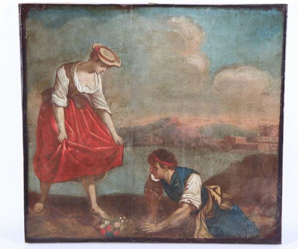 Scuola Napoletana Fine XVIII Secolo - &quot;Scena di corteggiamento&quot; piccolo dipinto ad olio su tela