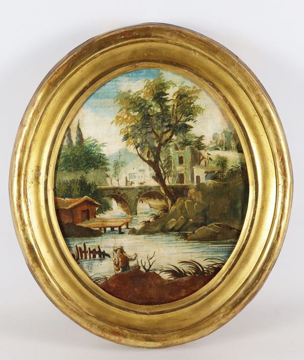 Scuola Italiana Met&#224; XIX Secolo. - &quot;Paesaggio con pescatore, ponte e corso d&#39;acqua&quot; piccolo dipinto ad olio su tavoletta