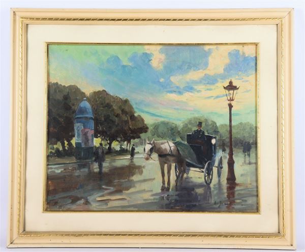 Pittore Italiano Inizio XX Secolo - &quot;Passeggiata in carrozza&quot;. Firmato, dipinto ad olio su tela