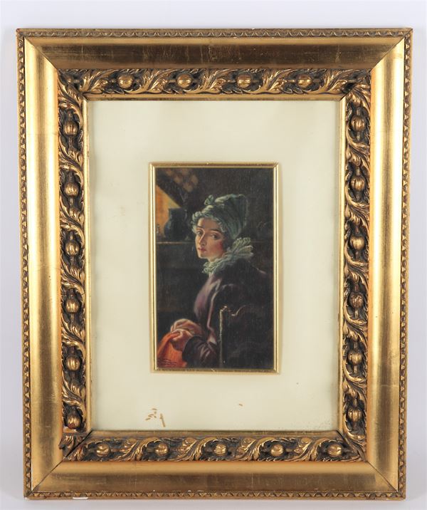 Pittore Italiano Inizio XX Secolo - "The darning woman". Signed, small oil painting
