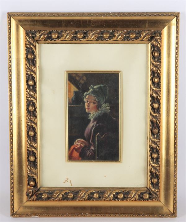 Pittore Italiano Inizio XX Secolo - &quot;La rammendatrice&quot;. Firmato, piccolo dipinto ad olio