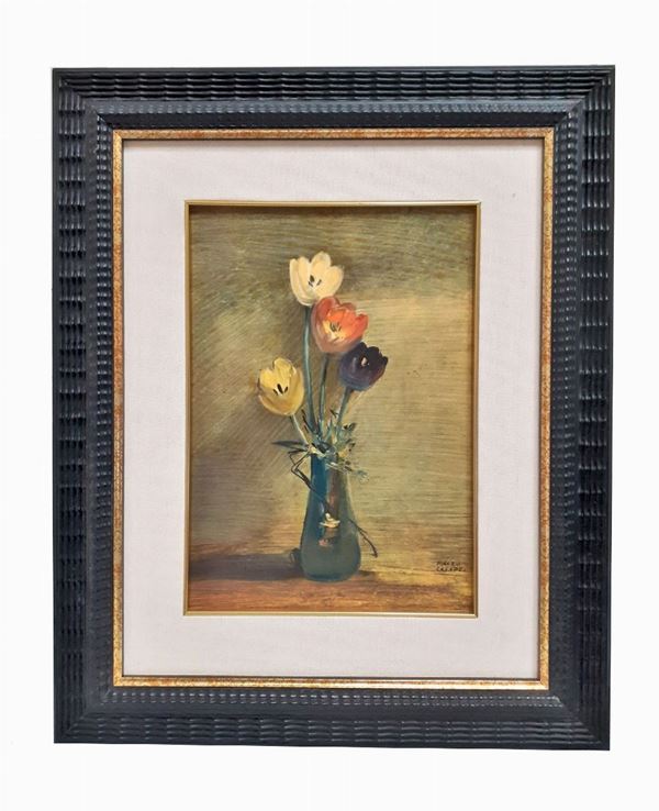 &quot;Vaso con tulipani&quot;. Firmato, piccolo dipinto ad olio su compensato