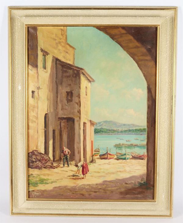 Pittore Italiano Inizio XX Secolo - &quot;Glimpse of a coastal town with dry boats&quot;. Signed, oil painting on canvas