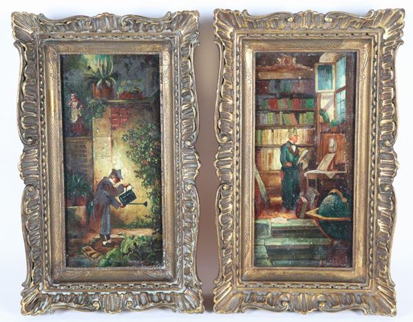 Scuola Europea Inizio XX Secolo - &quot;Library with a nobleman and a gardener who waters&quot;. Signed, pair of small oil paintings on canvas