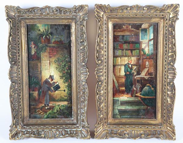 Scuola Europea Inizio XX Secolo - &quot;Biblioteca con nobiluomo e giardiniere che annaffia&quot;. Firmati, coppia di piccoli dipinti ad olio su tela