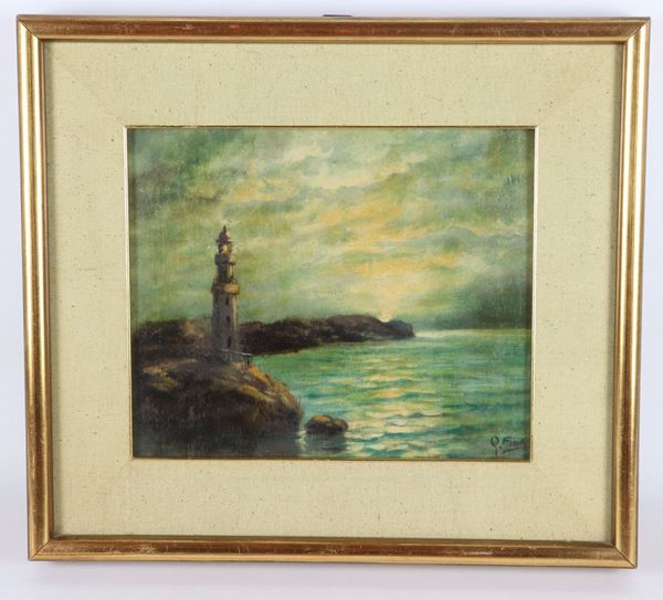 Pittore Italiano Inizio XX Secolo - &quot;Marina al tramonto con faro&quot;. Firmato, piccolo dipinto ad olio